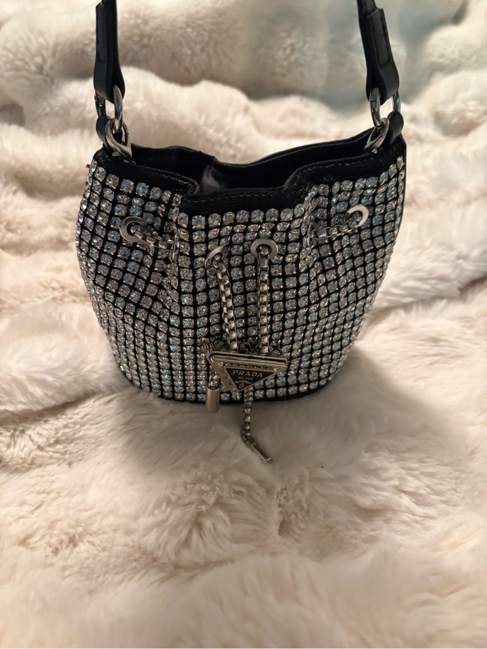 FASHION Crystal-Embellished Mini Drawstring Bucket Bag in Silver and Black